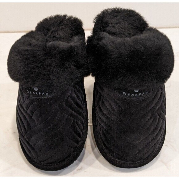 Women's Bearpaw Loki II Scuff Slipper Black Quilted Velvet Real Shearling Size 6 - Picture 2 of 8
